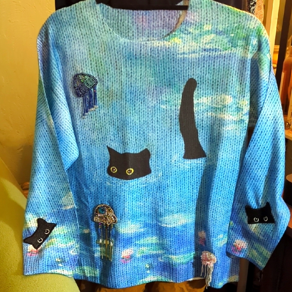NWT 🌿PEACE GARDEN DESIGNS🌿 🐈‍⬛🩵🦕LOCH NESS KITTY🦕🩵🐈‍⬛ Sweater! Ladies M